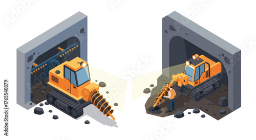 Isometric tunnel drilling machine in action with worker