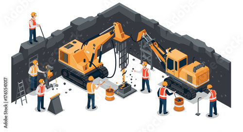 Construction site with workers and machinery in isometric style