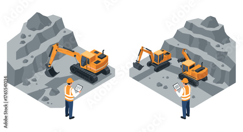 Construction workers using tablets in isometric quarry with excavators