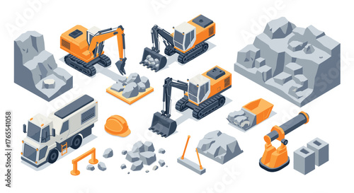 Construction equipment and machinery in isometric design for industrial projects