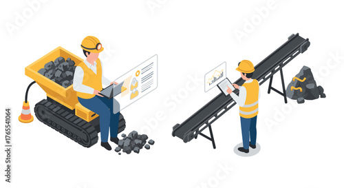 Isometric mining worker analyzing data with digital tablet on site