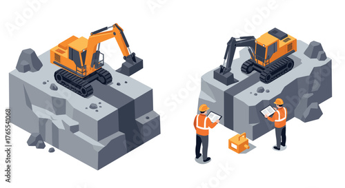 Construction scene with excavators and engineers on rocky terrain in modern isometric style
