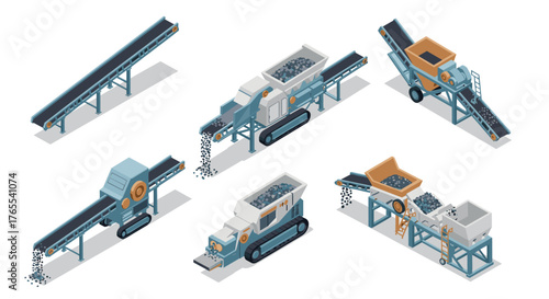 Isometric industrial machines and conveyor belts set for efficient material handling