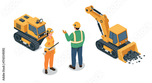 Isometric construction workers and machinery scene with bulldozer and excavator