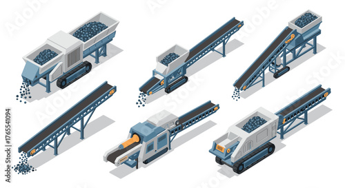 Isometric mining equipment conveyor machines with industrial design elements