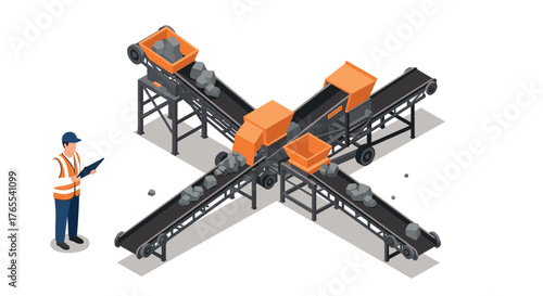 Isometric conveyor belt system with worker in safety vest and helmet