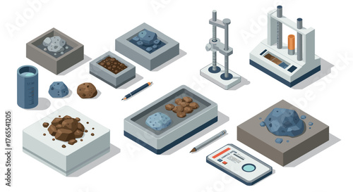 Isometric mineral analysis laboratory tools and equipment for scientific research