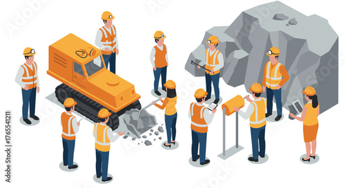 Construction team collaboration at quarry site with heavy machinery in isometric style