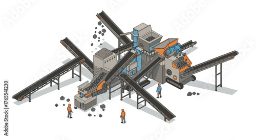 Isometric industrial quarry machine with workers and conveyor belts