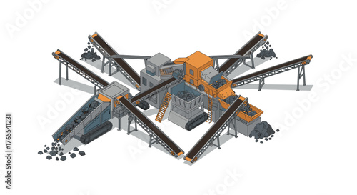 Industrial aggregate processing plant with conveyor belts in isometric design