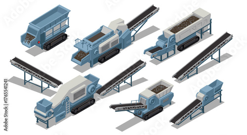 Isometric industrial machines and conveyor belts set for construction and mining