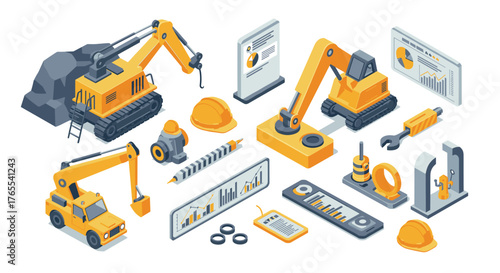 Isometric construction equipment: detailed crane and excavator machinery with charts and tools