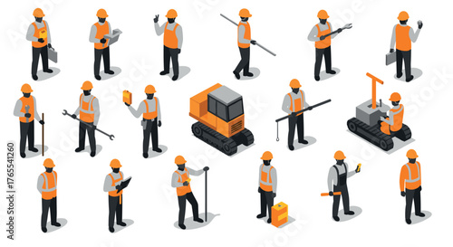 Isometric construction workers and equipment set in safety gear