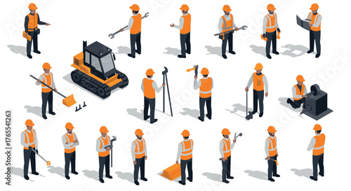 Isometric construction workers with equipment and machinery