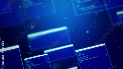 4K digital background showing dynamic code panels floating in blue cyberspace, symbolizing artificial intelligence systems analyzing complex data in real time