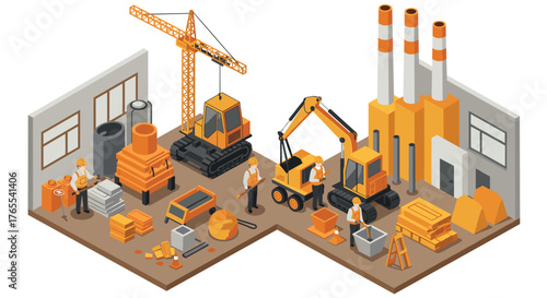 Construction site in isometric style with workers and machinery