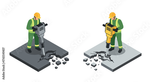 Construction worker using jackhammer on concrete surface in isometric style