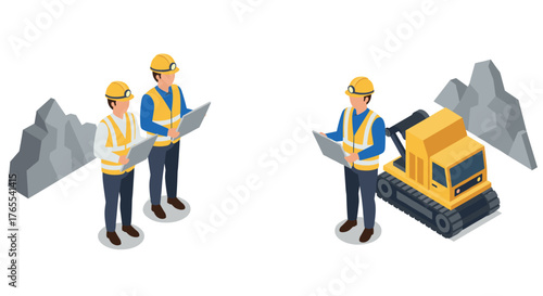 Isometric construction team analyzing blueprints with excavator on site