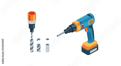 Isometric power drill and drill bits on white background