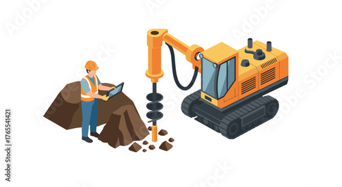 Construction worker operating drilling machine in isometric style