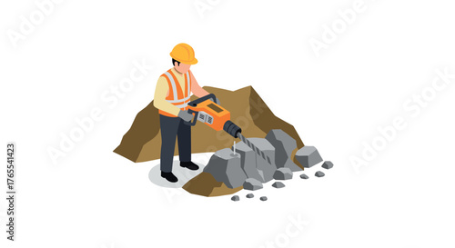 Isometric construction worker operating jackhammer on rocky terrain