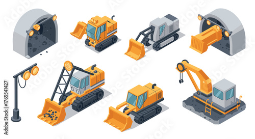 Isometric construction vehicles and equipment set for engineering projects