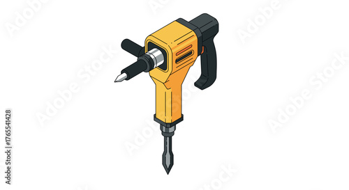 Detailed isometric electric jackhammer in yellow for construction projects
