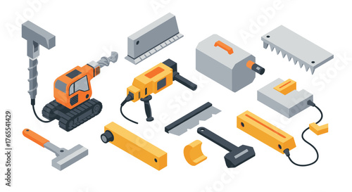 Isometric construction tools collection: drill, jackhammer, saw, and more