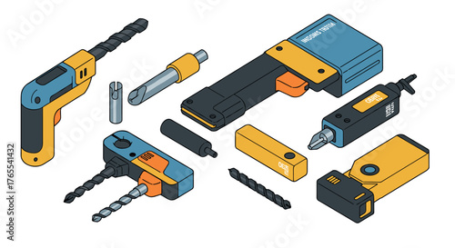 Isometric power tools set with drill bits and accessories in bold colors
