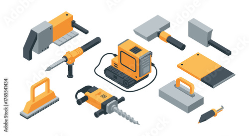 Isometric construction tools set: drill, mallet, grinder, sander in modern design