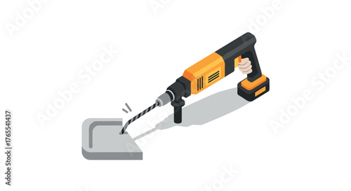 Powerful electric drill in action drilling concrete surface isometric design