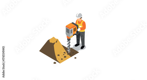 Construction worker operating jackhammer drill in isometric style