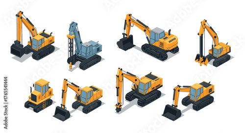 Collection of isometric construction excavators and machinery in various angles
