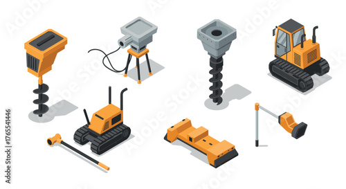 Isometric construction equipment set featuring drills, excavators, barriers, and tools