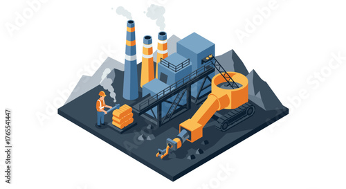 Isometric mining complex with worker and industrial machinery in action
