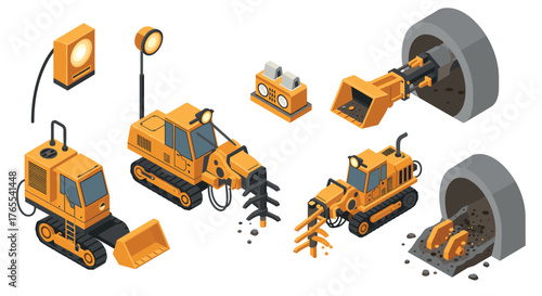 Isometric construction machines: drill, bulldozer, and excavator in action