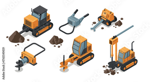 Isometric construction equipment set: bulldozer, excavator, and more