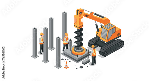 Isometric construction site with workers and drilling machine