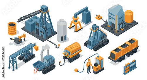 Isometric industrial construction and machinery set with equipment and vehicles