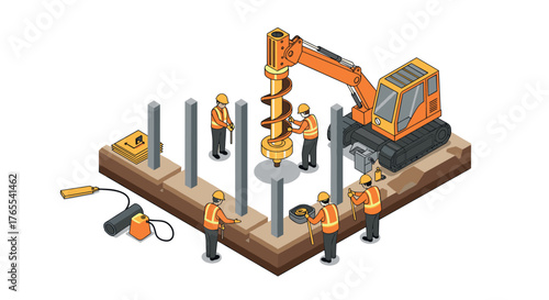 Isometric construction site with workers and excavator operating drill rig