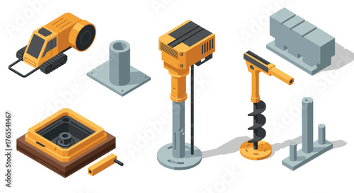 Isometric construction equipment: drills, vehicles, and foundation tools
