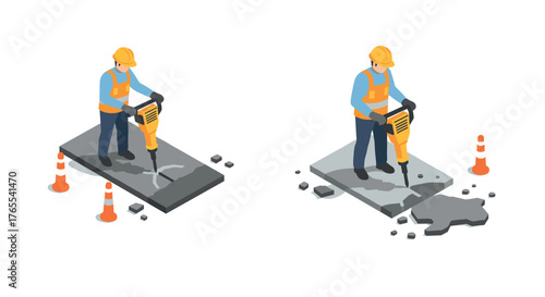 Isometric construction worker using jackhammer on concrete surface