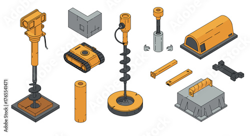 Isometric construction equipment set with auger, barrier, and concrete mixer