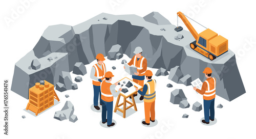 Construction workers planning at quarry site with excavator in isometric style