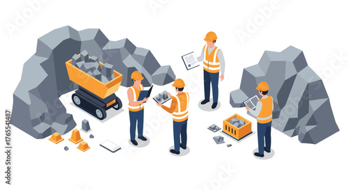 Isometric quarry workers in safety gear at a construction site