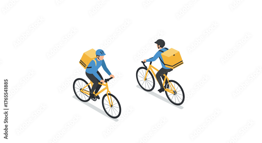 Fototapeta premium Isometric bicycle couriers delivering packages in urban setting