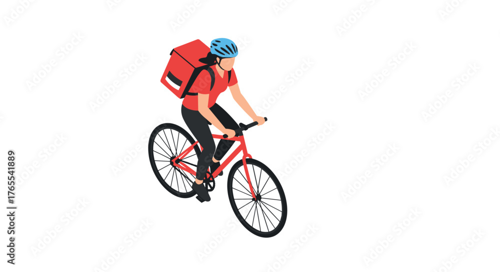 Fototapeta premium Isometric delivery cyclist: urban commute with red backpack and helmet