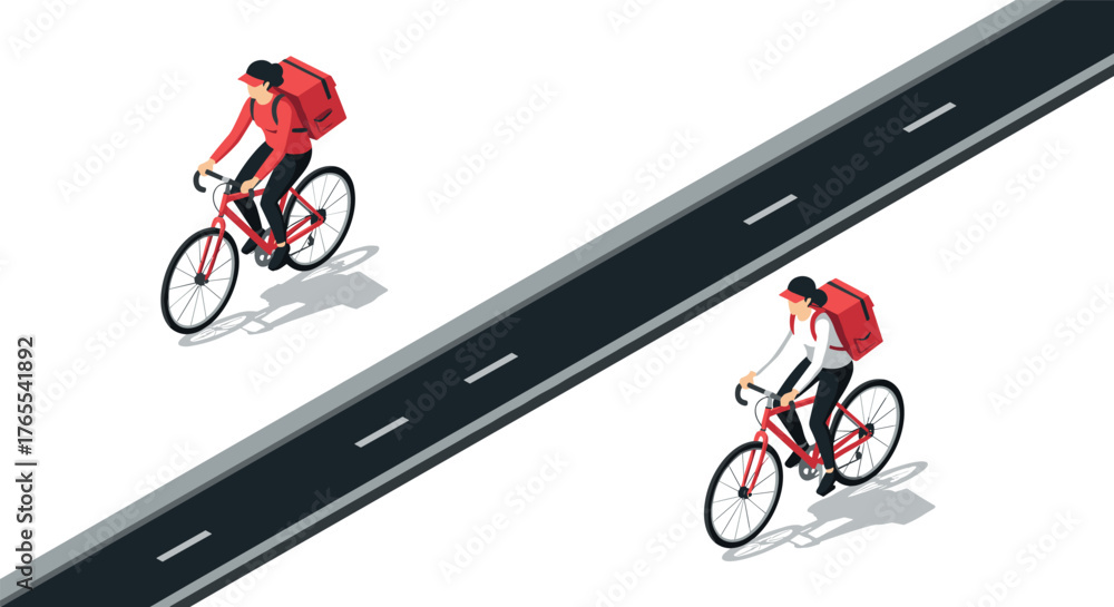 Fototapeta premium Delivery cyclists on urban road in isometric style