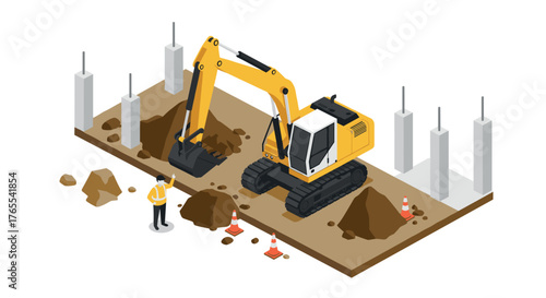 Isometric construction site with excavator and worker in safety gear