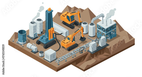 Isometric industrial construction site with heavy machinery on rugged terrain
